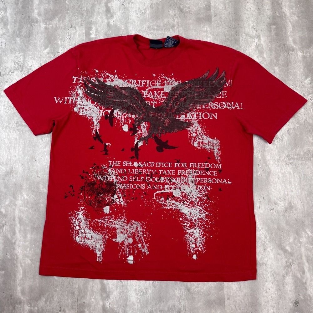 Vintage Bugle Boy Y2K Shirt Mens Large Red Eagle America Script Short Sleeve
